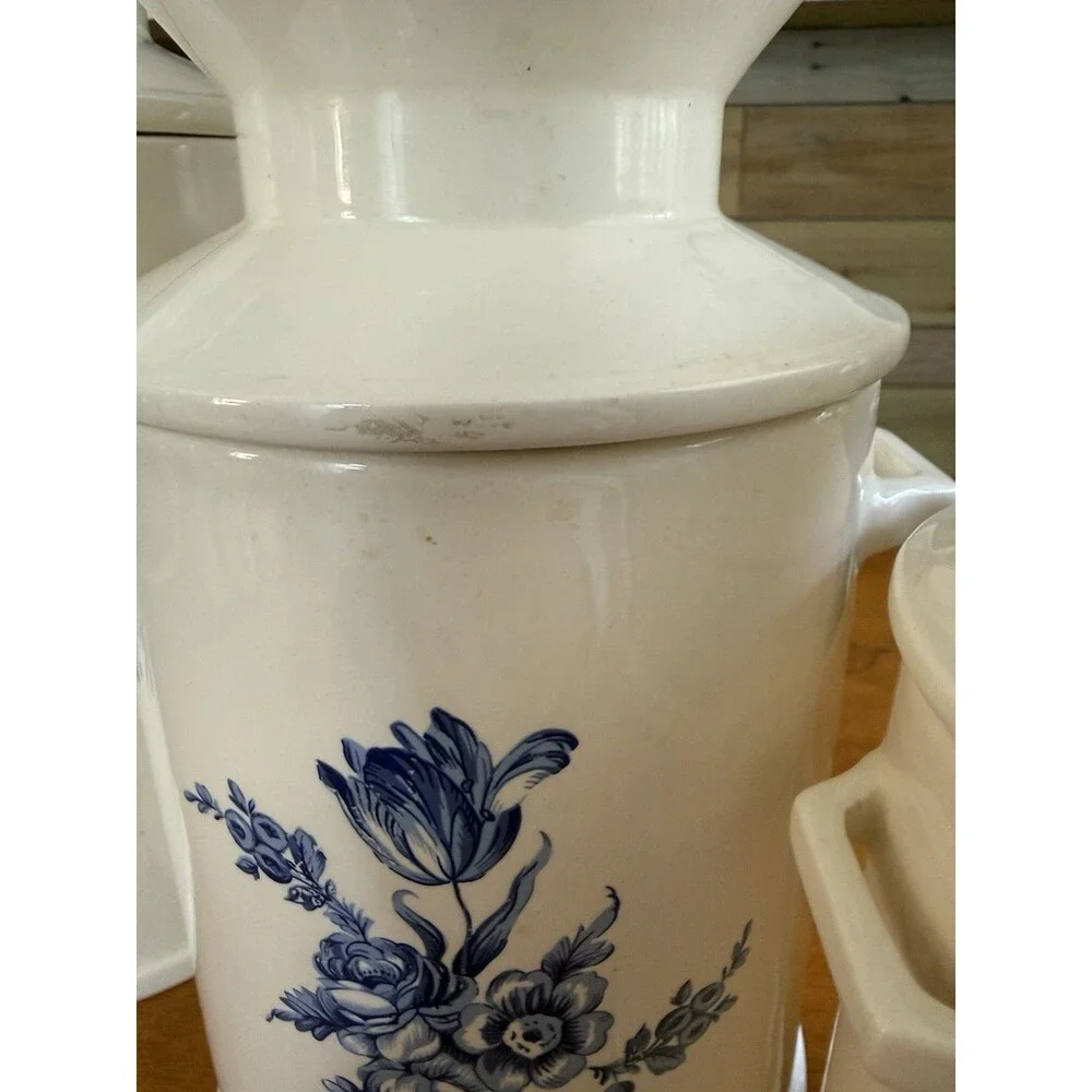 Set of 3 Ceramic Blue Floral on White Pattern Milk Can Style Canister Cookie Jar